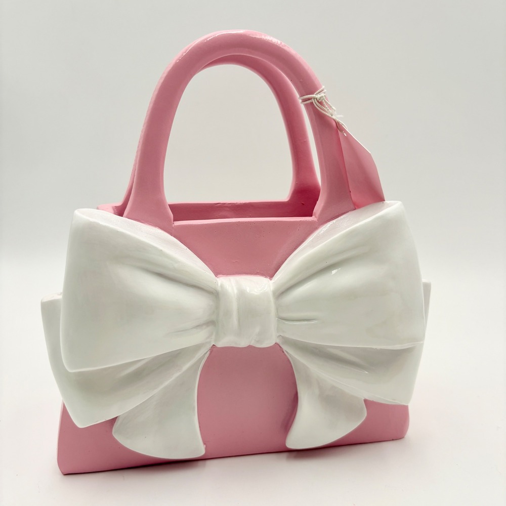 Pink Handbag Vase with Large White Bow Coquette Decor Purse Planter 8in